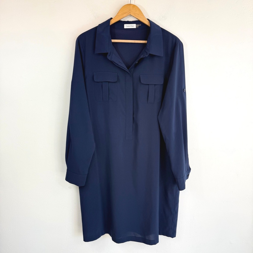 Calvin Klein Shirt Dress Navy Blue Roll Tab Sleeve Career Office Minimalist 14